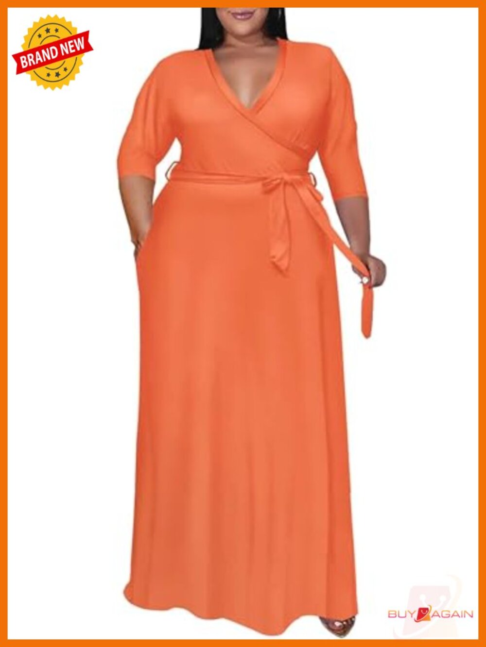 Plus Size Maxi Wrap Dress 3/4 Sleeve V-Neck Flowy Summer Casual